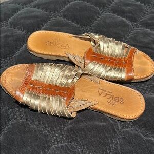 Sbicca Women's Fringe Slide Sandals - Gold and Tan